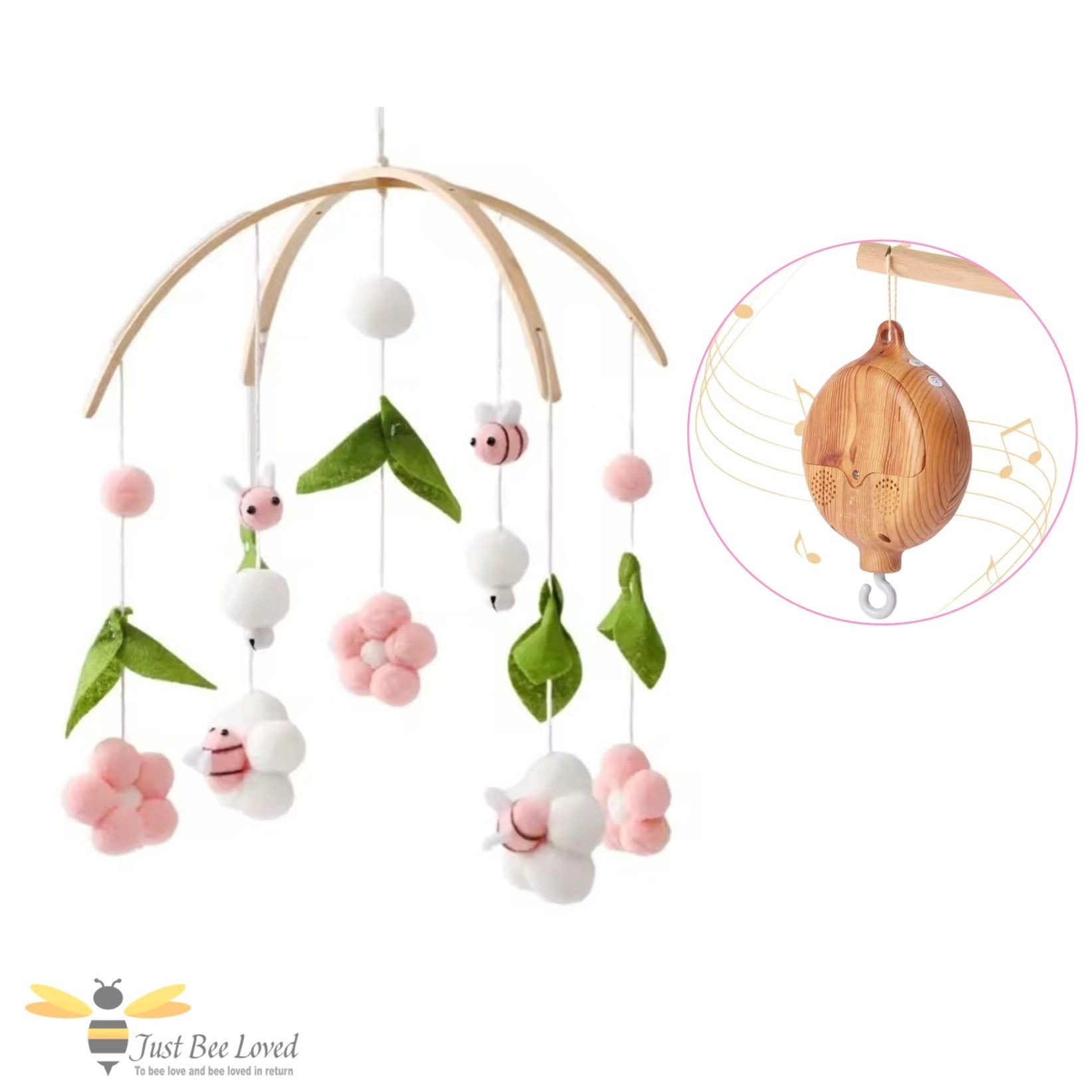 Baby cot crib mobile with pink and white bees and flowers with a rotating music box.