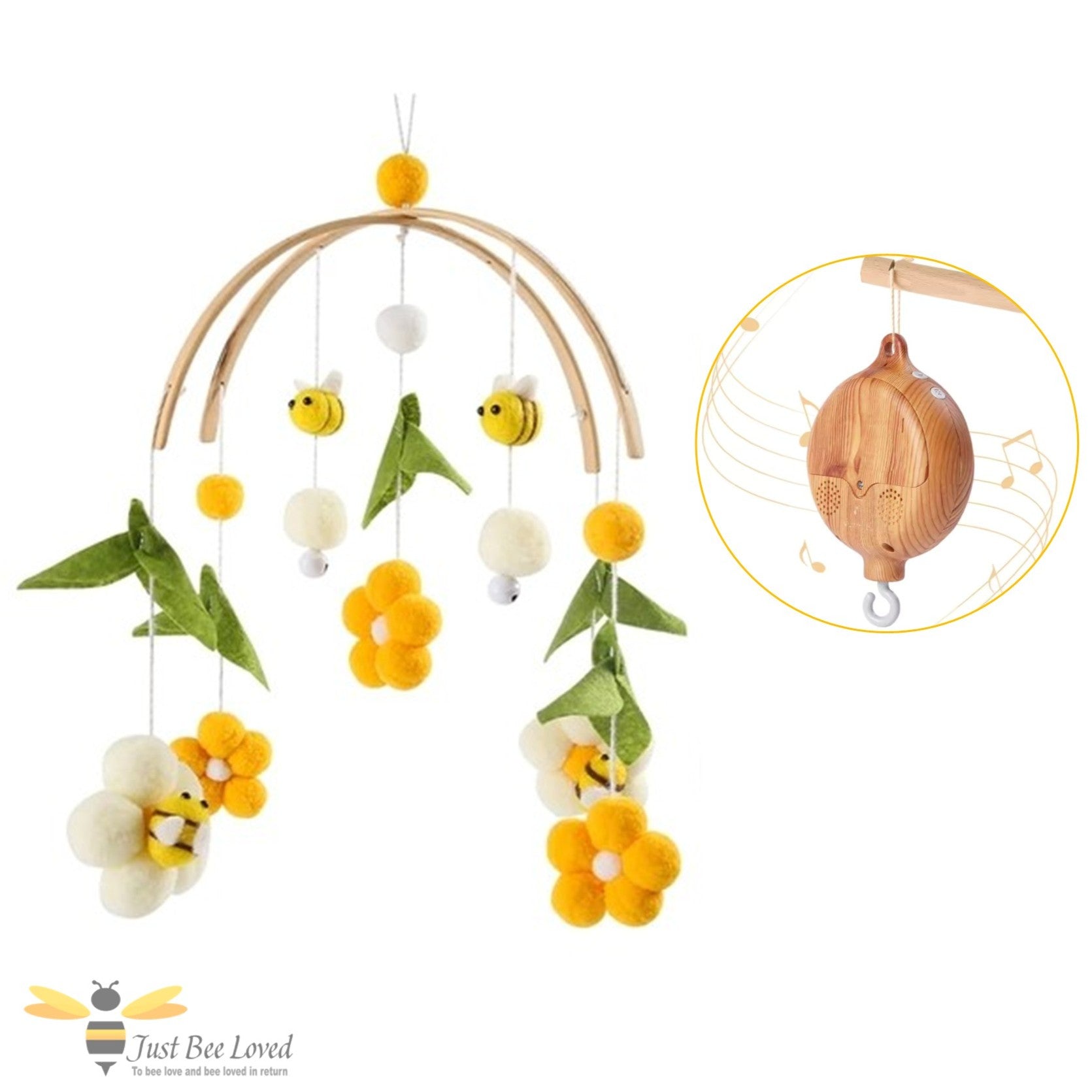 Baby cot crib mobile with yellow and white bees and flowers with a rotating music box.