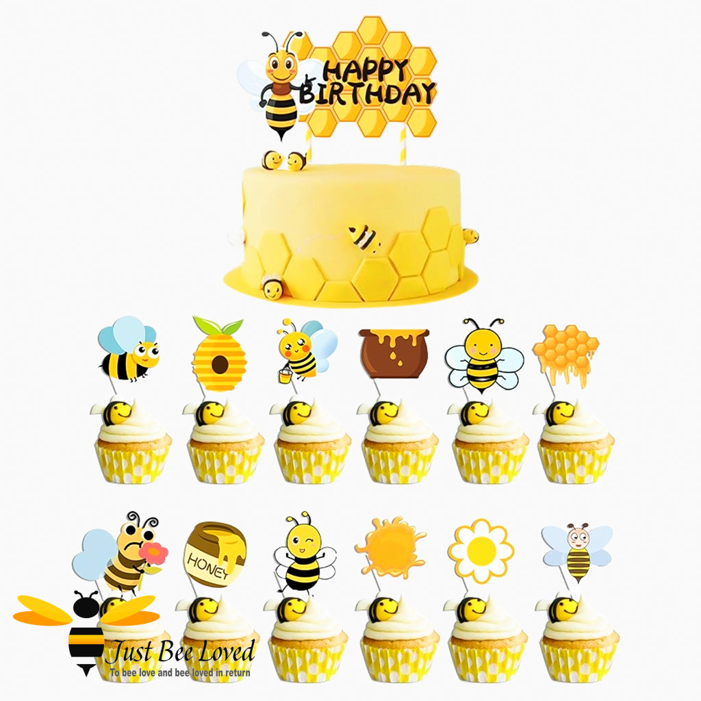 13 piece party cake and cupcakes topper set with bees, honey, hives flowers