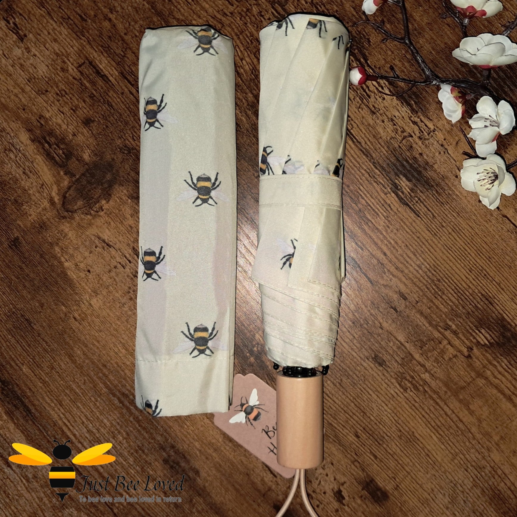 Cream bumblebee foldable travel umbrella