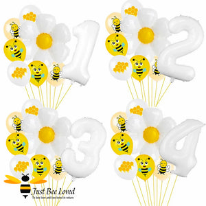 Birthday age number bees and daisy large white and yellow balloon bouquet