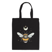 Load image into Gallery viewer, Black canvas tote bag with bumble bee, moon, stars