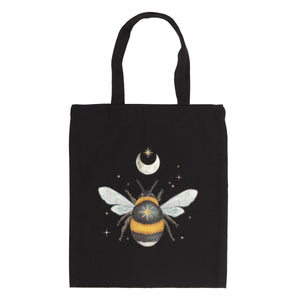 Black canvas tote bag with bumble bee, moon, stars