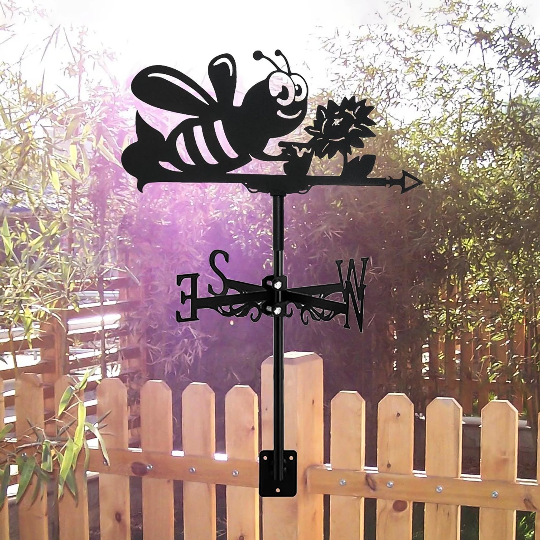 Black wrought iron metal honey bee with sunflower weathervane