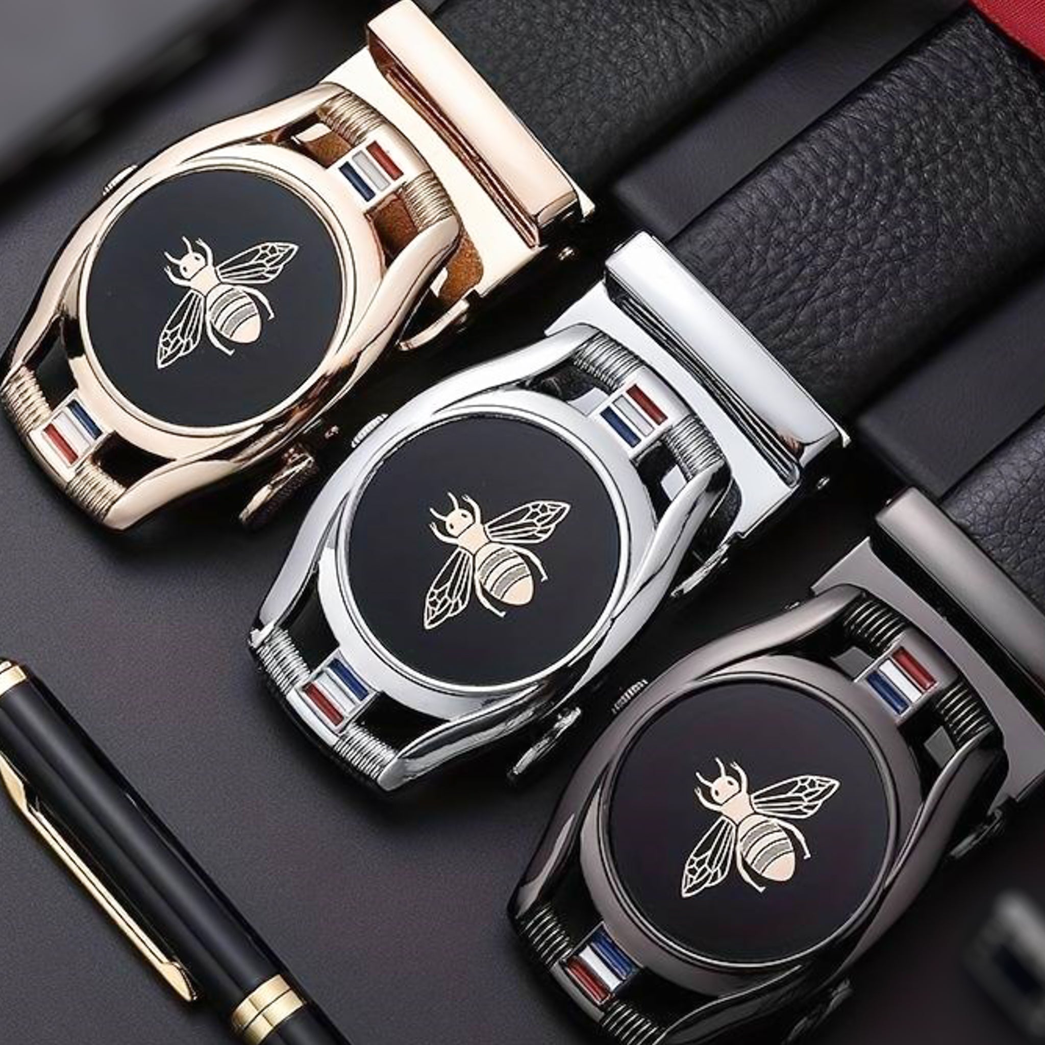 Men's black leather automatic ratchet bee buckle belts silver gold gun metal