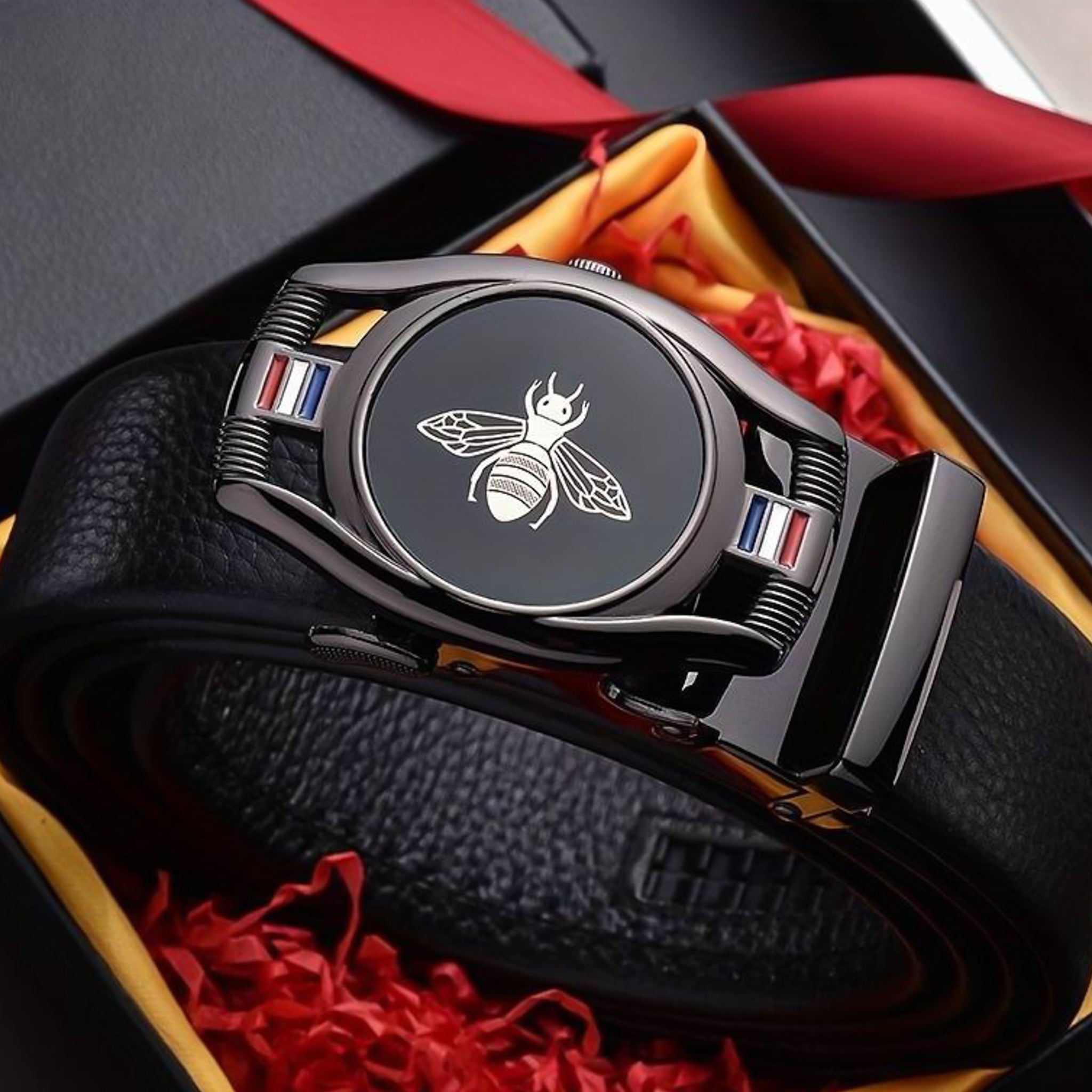 Men's black leather automatic ratchet gun metal bee buckle belt