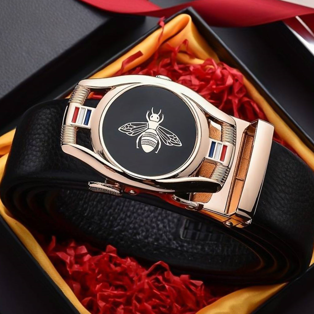 Men's black leather automatic ratchet gold bee buckle belt
