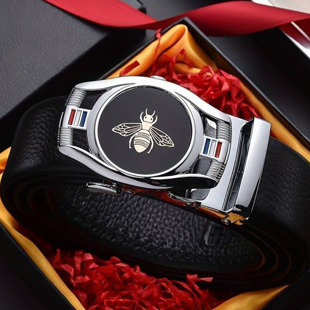 Men's black leather automatic ratchet silver bee buckle belt