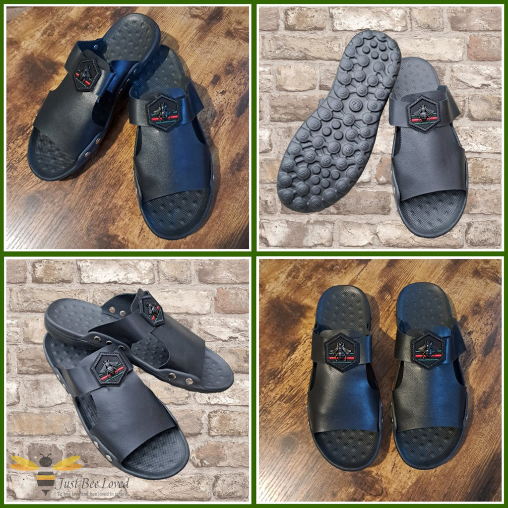 Gallery of men's black faux leather slides, indoor slippers with an embroidered hexagon bee motif applique.