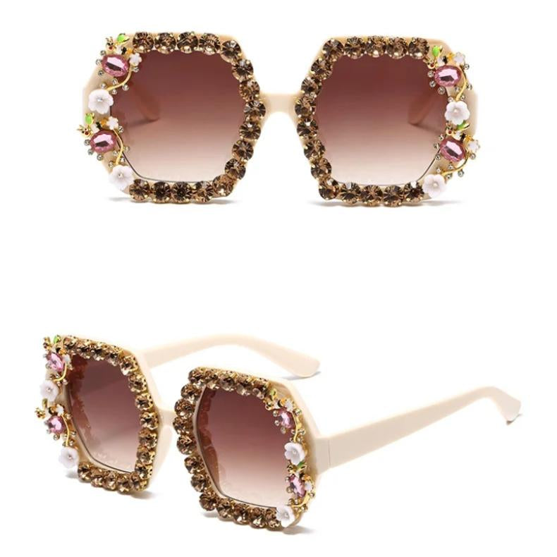 Oversized hexagonal crystal bee beige sunglasses