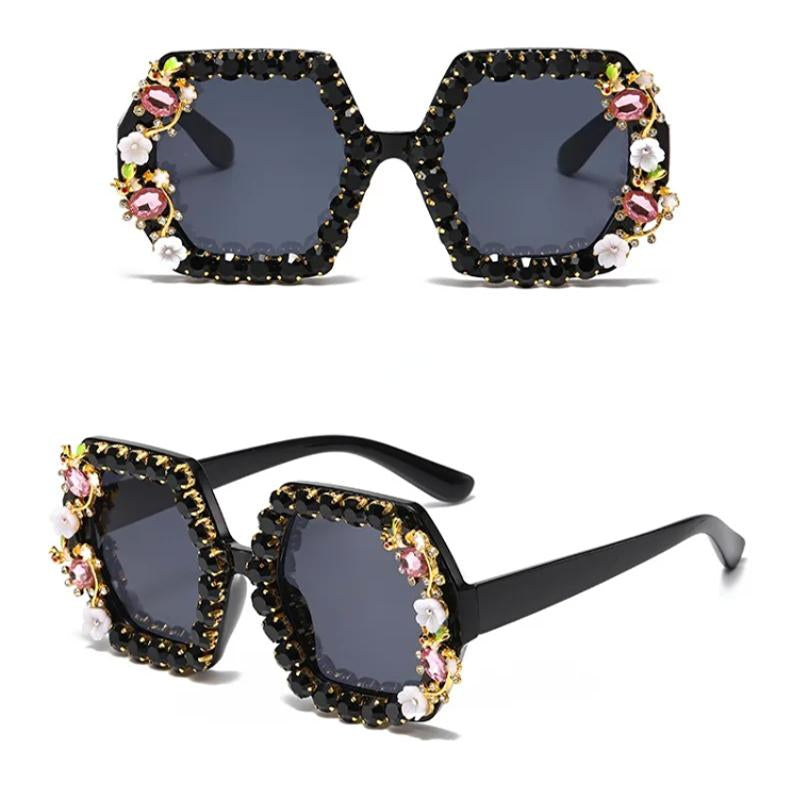 Oversized hexagonal crystal bee black sunglasses
