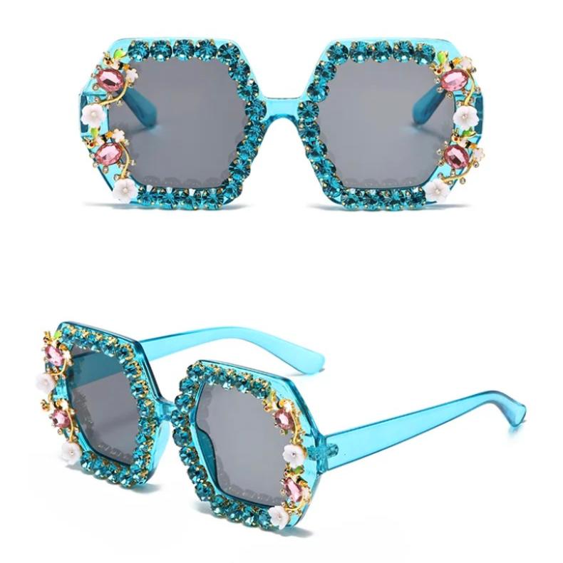 Oversized hexagonal crystal bee blue sunglasses