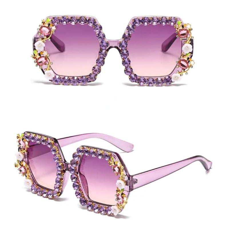 Oversized hexagonal crystal bee purple sunglasses