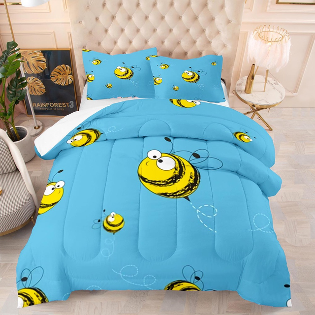 Blue duvet cover set featuring an all over print of big and small funny cartoon bees.