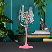 Load image into Gallery viewer, Tall stem wine glass with honeysuckle and bumble bees