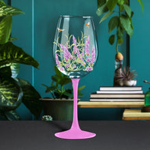 Load image into Gallery viewer, Tall stem wine glass with lavender and bumble bees