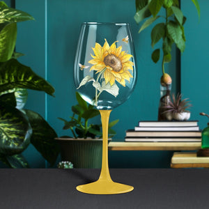 Tall stem wine glass with sunflower and bumble bees