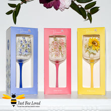 Load image into Gallery viewer, Tall stemmed wine glasses with florals and bumble bees decoration