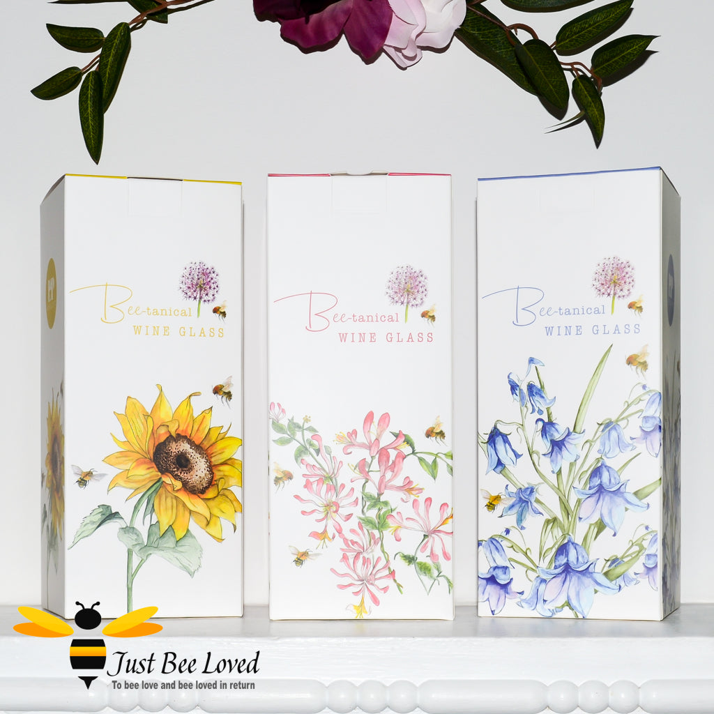 Gift boxed stemmed wine glasses with florals and bumble bees decoration