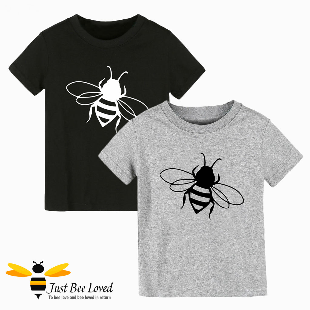 2 t-shirts in black with white bee print, and grey with black bee print