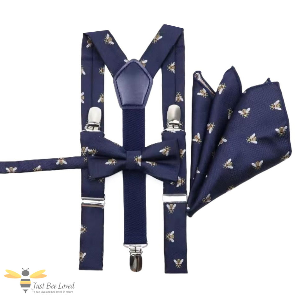 Boy's navy blue braces, bow tie and pocket square set with embroidery bee pattern.