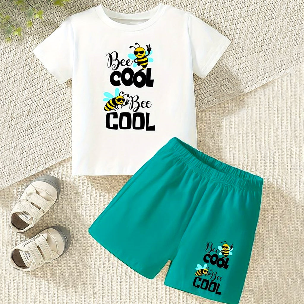 Boys cartoon bee cool t-shirt & shorts set in white green