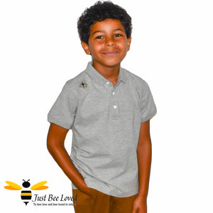 Boy wearing bee embroidery motif grey polo t-shirt
