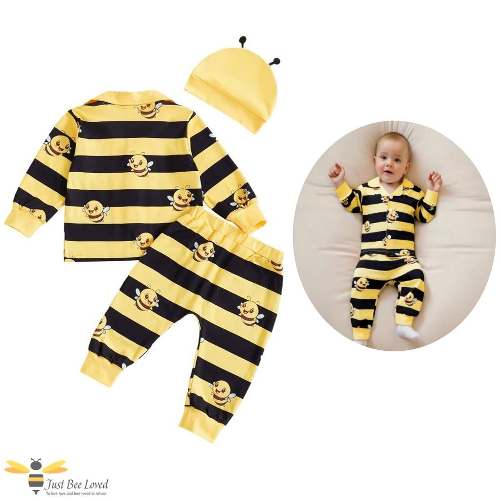 Bee-themed baby boy pyjamas set with traditional button-up shirt, pants and matching hat, including a baby wearing the pyjamas.