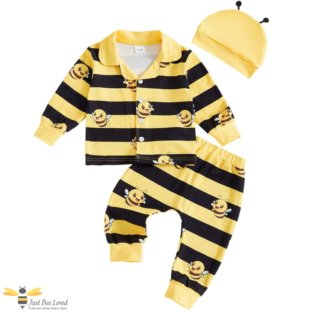 Cartoon bee-themed toddler's 3-piece pyjamas set with black and yellow striped shirt, pants and matching hat.