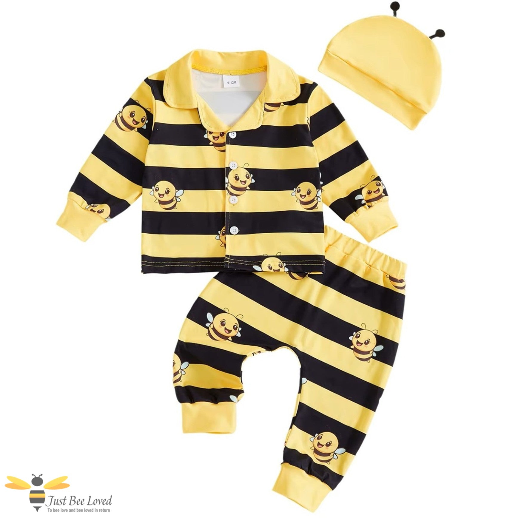 Cartoon bee-themed toddler's 3-piece pyjamas set with black and yellow striped shirt, pants and matching hat.