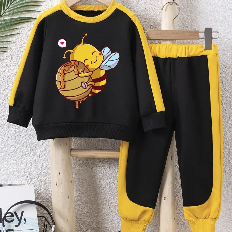 Boy's Black Colour Block Cartoon Bee Tracksuit Sweater jogging bottoms 