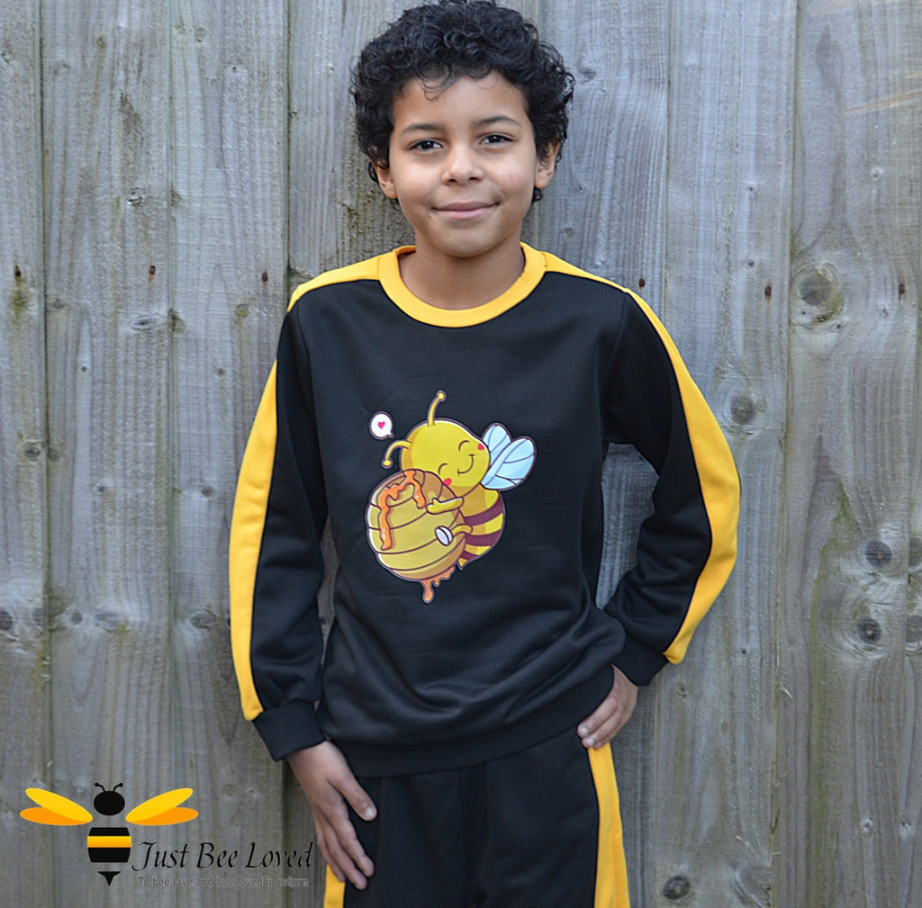 Boy's Black Yellow Colour Block Bee Tracksuit Sweat top jogging bottoms