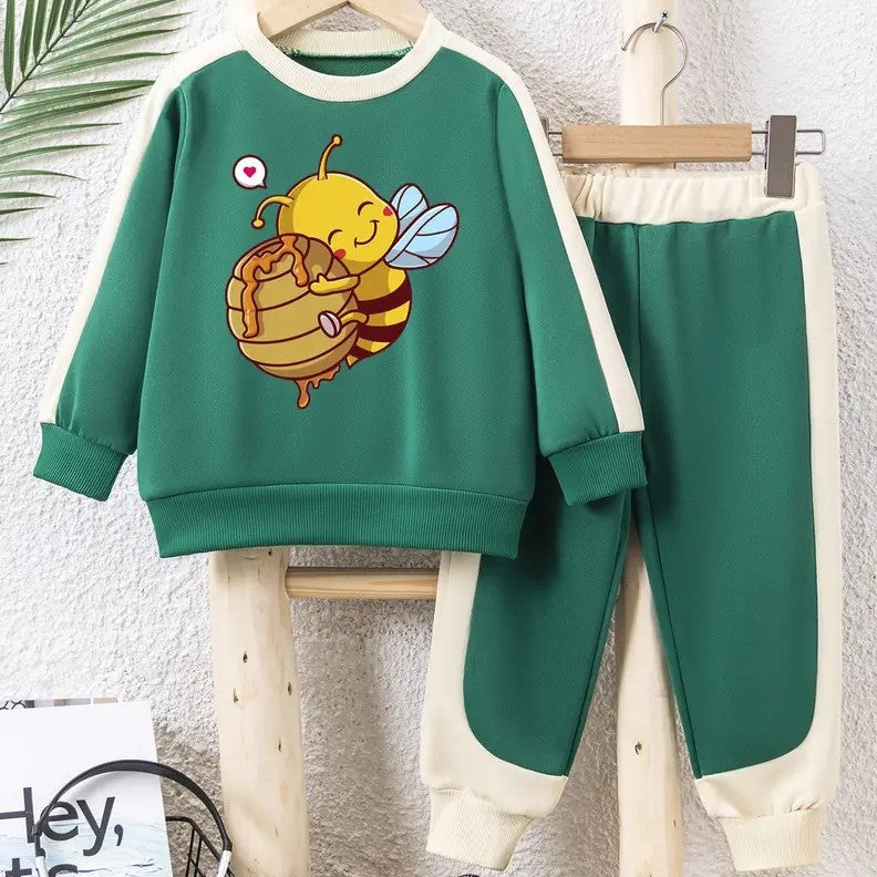 Boy's Green Colour Block Cartoon Bee Tracksuit Sweater jogging bottoms 