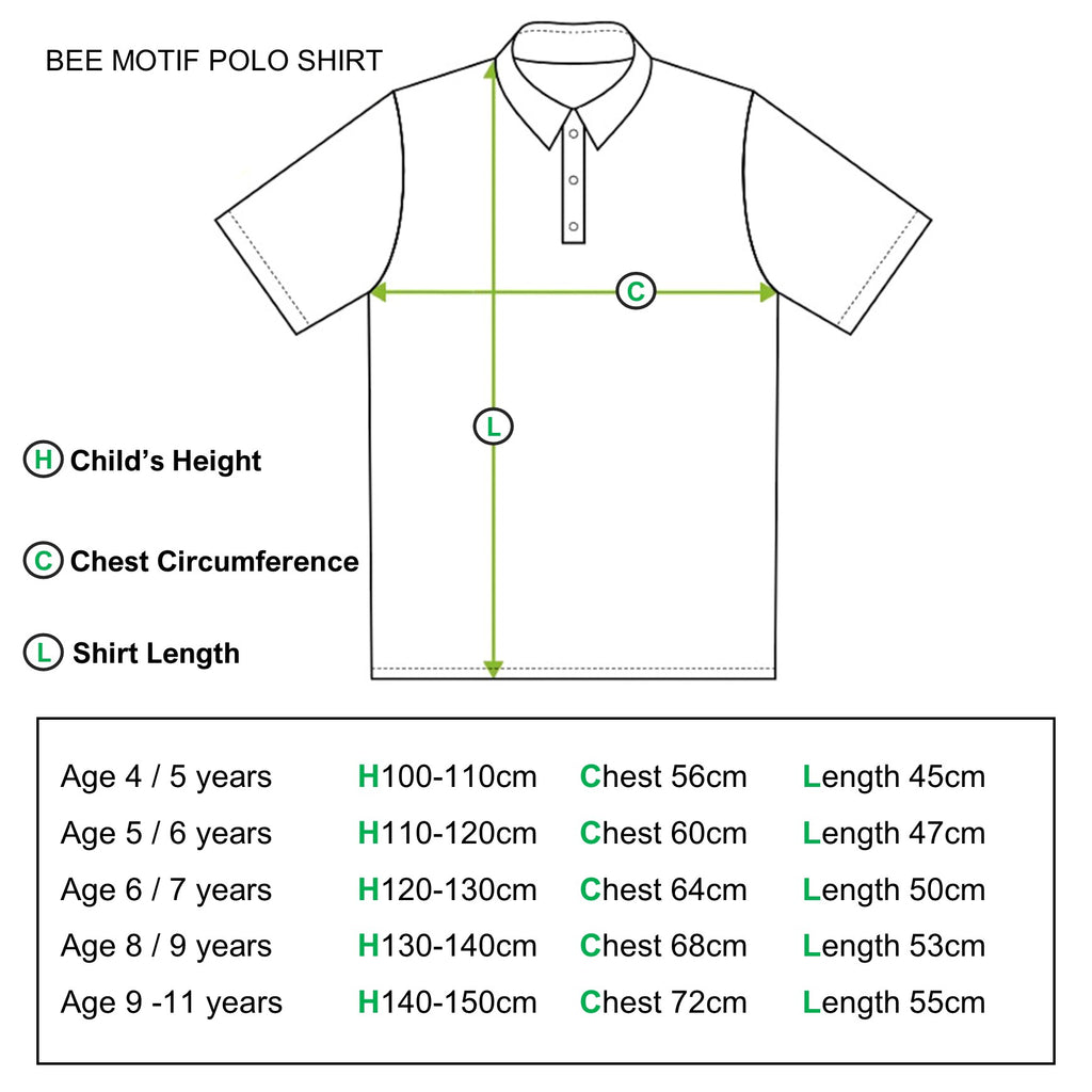 Boys Bee motif polo t-shirt size guide