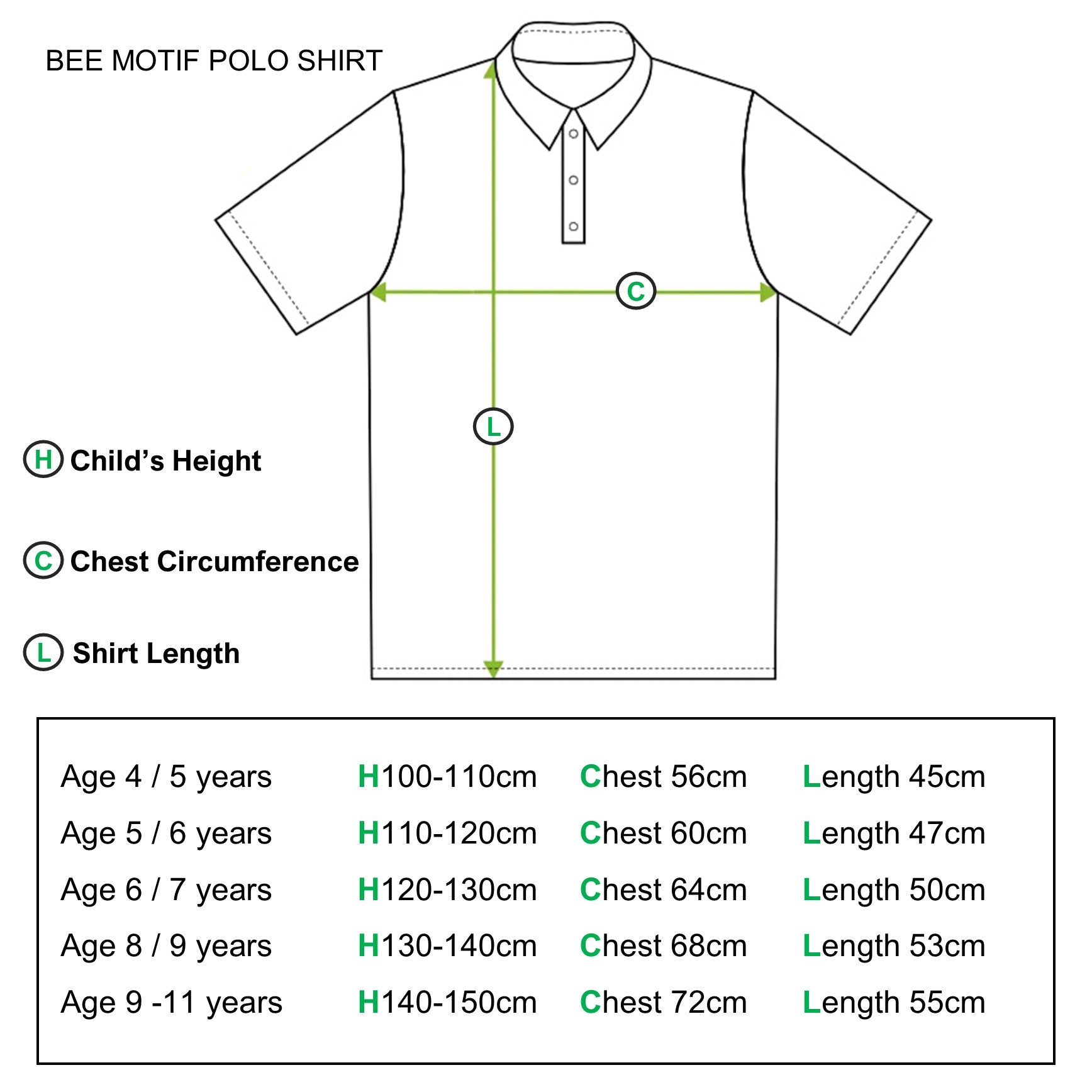 Boys Bee motif polo t-shirt size guide
