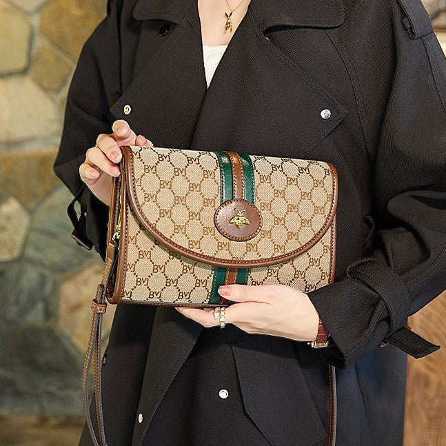 brown and beige crossbody bee handbag