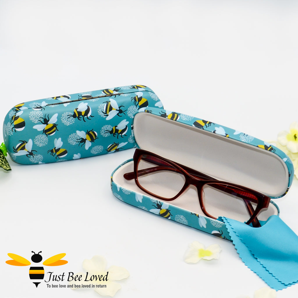 Hard shell eye glasses case with cleaning cloth bumble bees design