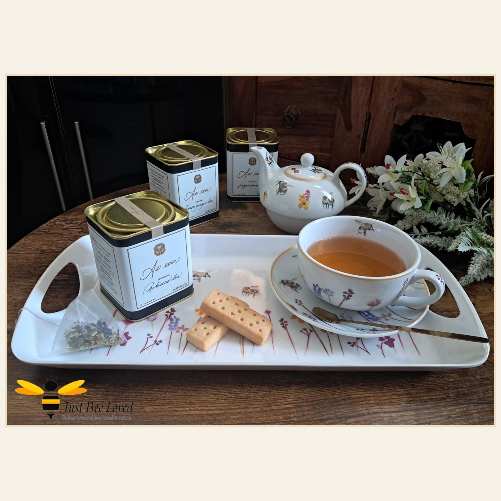 Busy Bees Tea For One Set. Teapot, mug and saucer on matching serving tray, with Meghan Markle's As Ever Tea bags