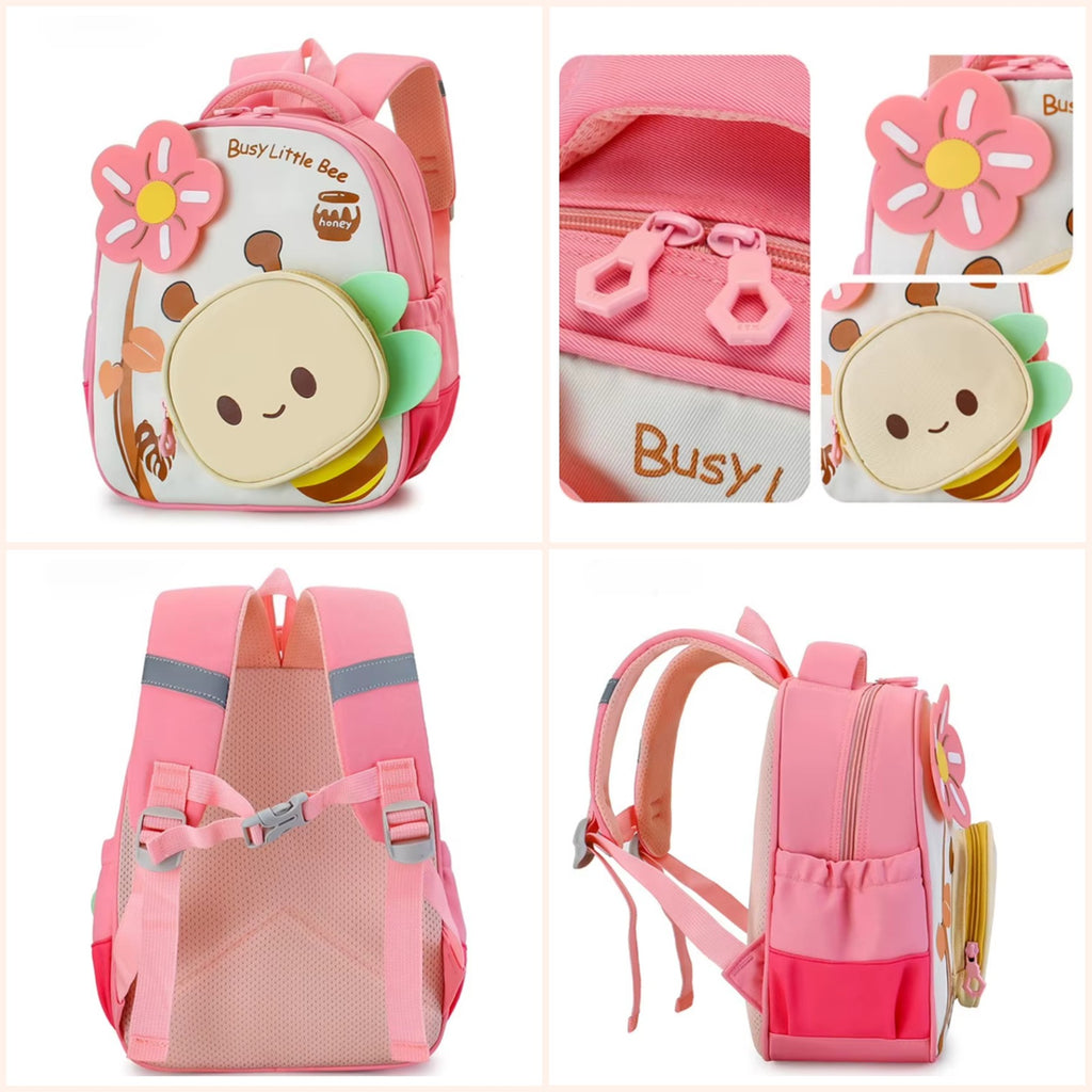 A pink children's backpack shown from multiple angles in a four-panel collage. The backpack has a cartoon bee character applique on the front, a flower zipper pull, a pink and white zippered compartment, padded shoulder straps, and a side pocket.