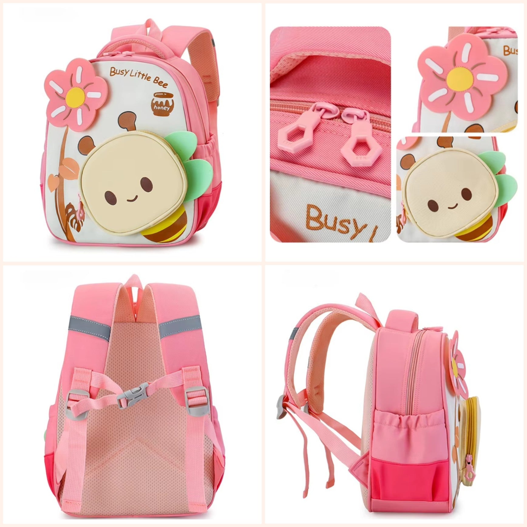 A pink children's backpack shown from multiple angles in a four-panel collage. The backpack has a cartoon bee character applique on the front, a flower zipper pull, a pink and white zippered compartment, padded shoulder straps, and a side pocket.