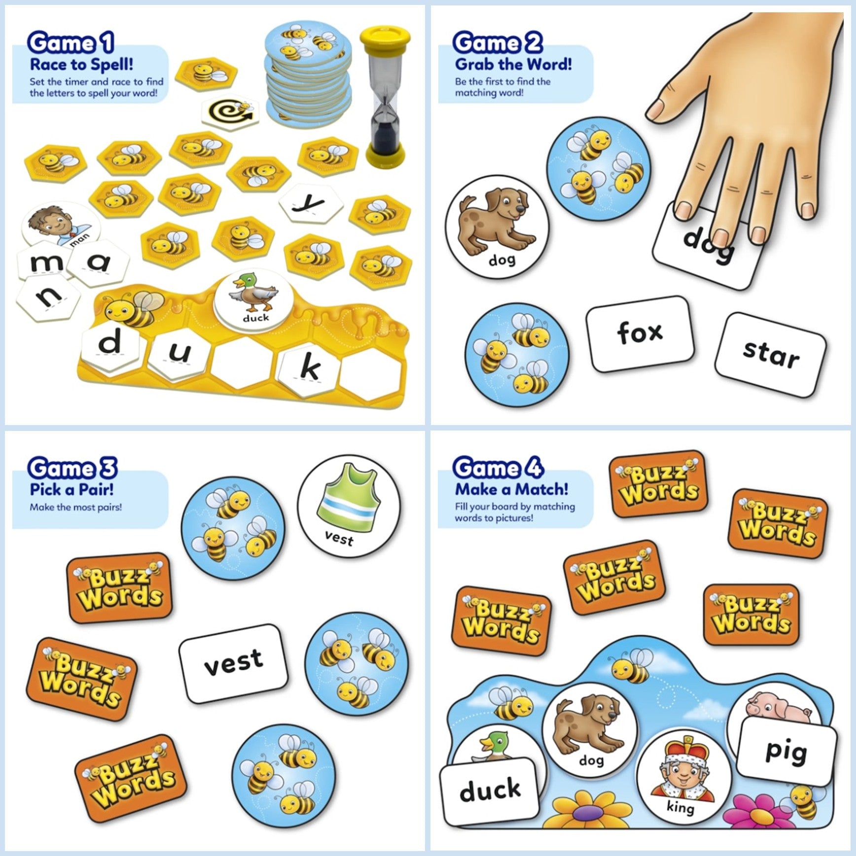 Educational game set with various cards and components for learning spelling and vocabulary.