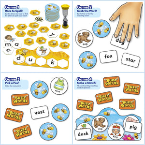 Educational game set with various cards and components for learning spelling and vocabulary.