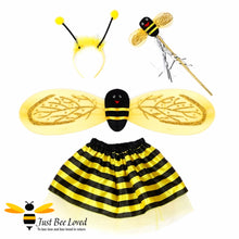 Load image into Gallery viewer, Children&#39;s girl&#39;s 4 piece bumble bee accessories costume fancy dress with tutu skirt, wings, antennae, wand