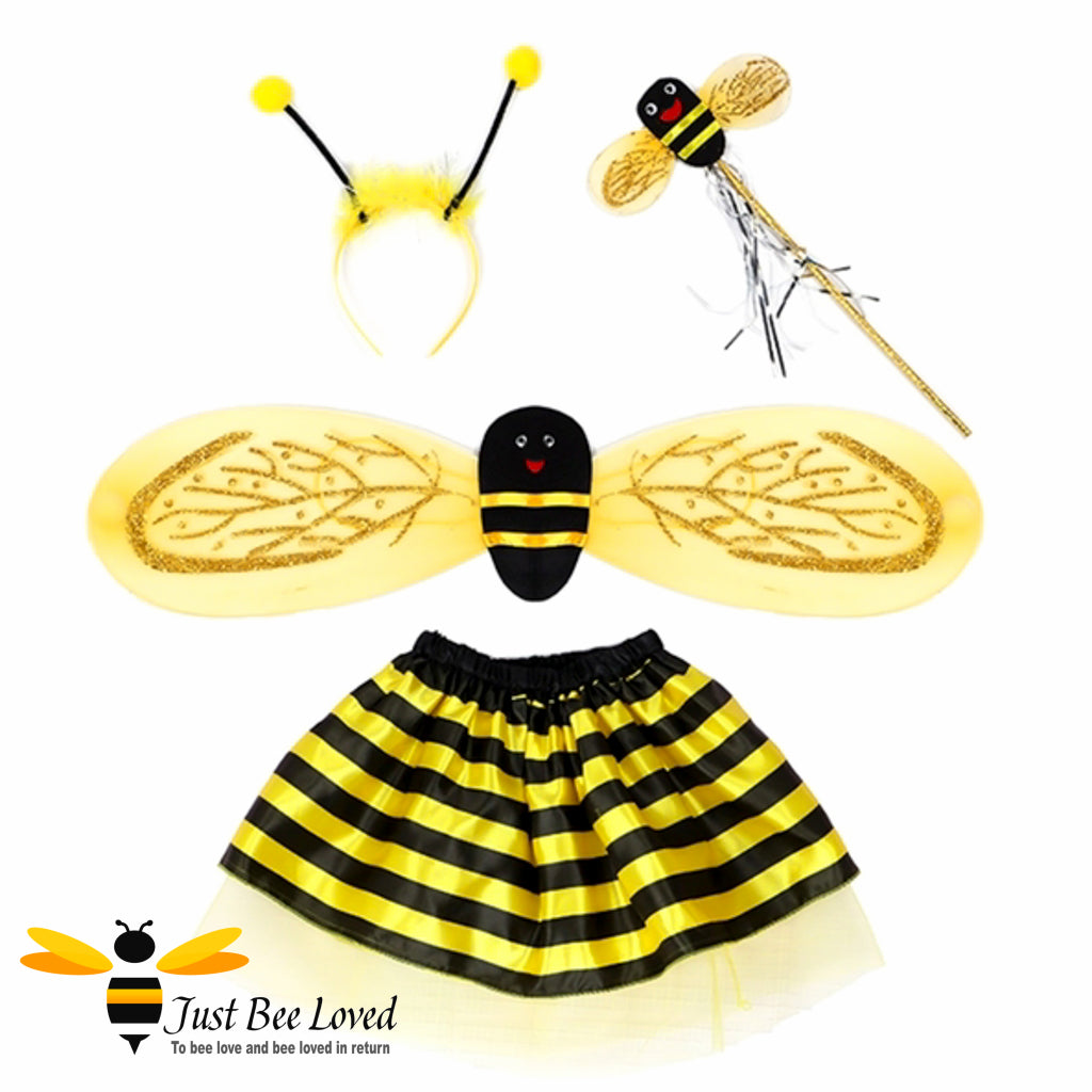 Children's girl's 4 piece bumble bee accessories costume fancy dress with tutu skirt, wings, antennae, wand