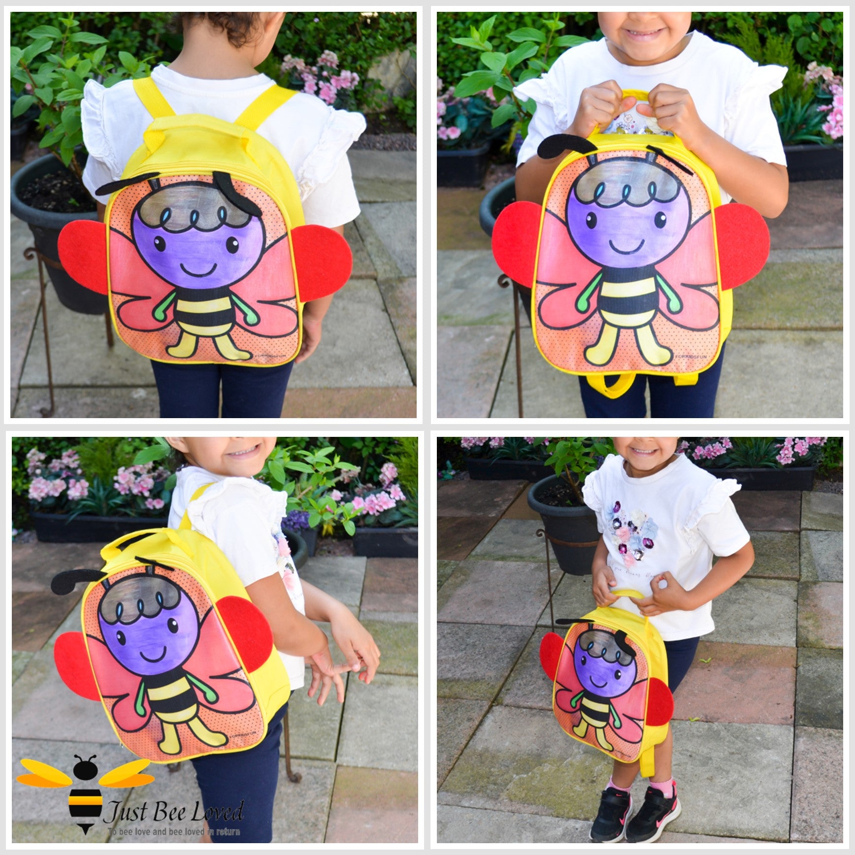 Girl with colour me in bee school backpack