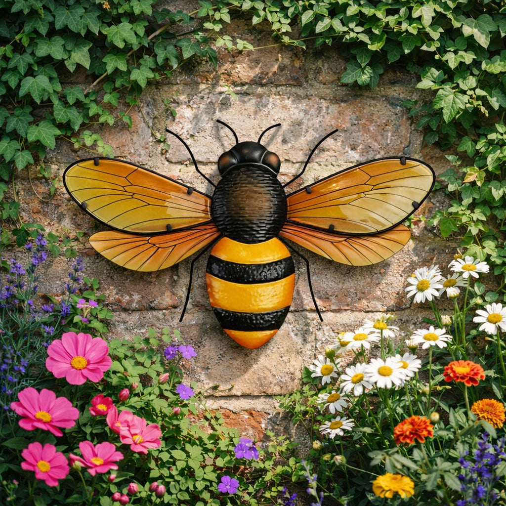 Decorative colourful metal bumble garden bee wall art.