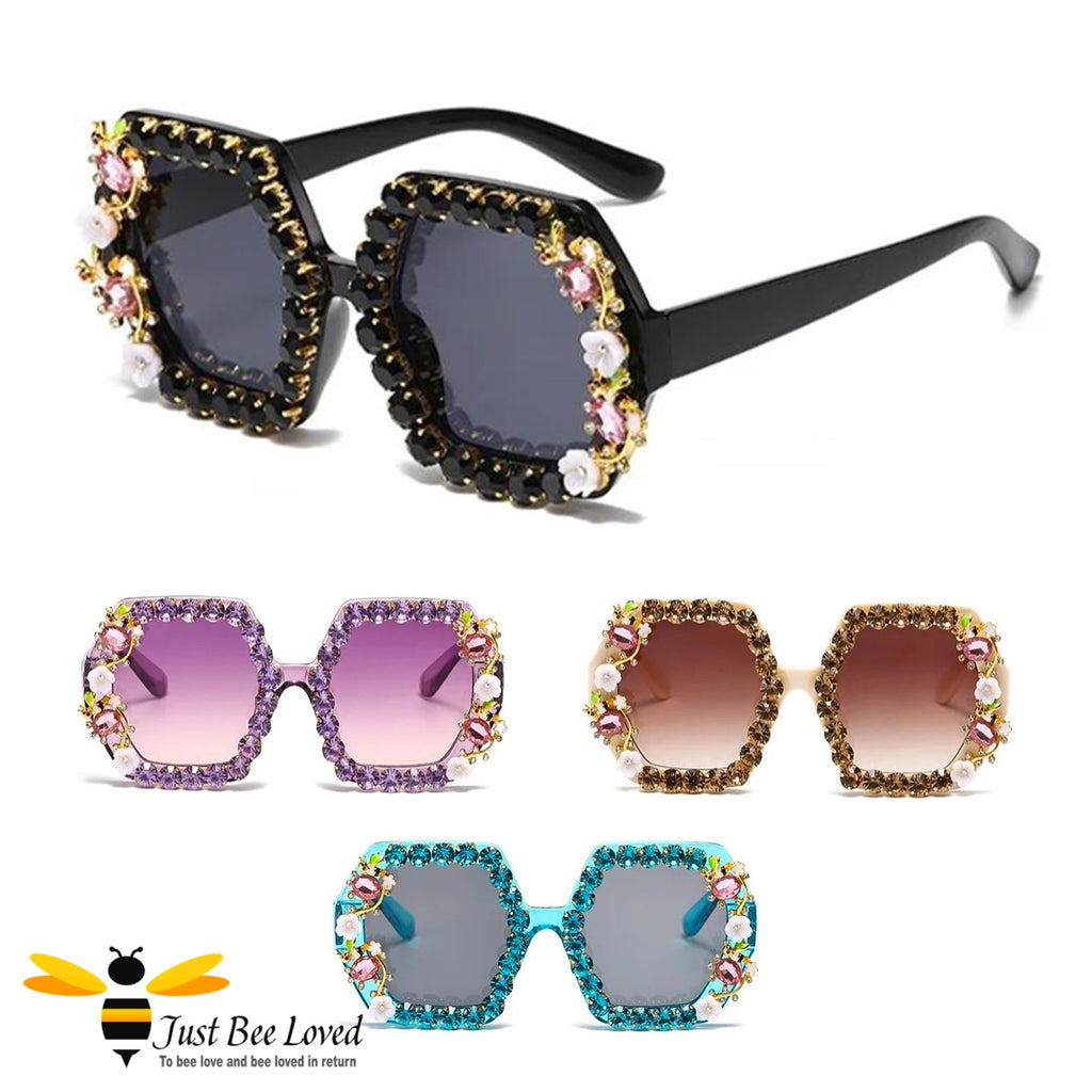 Oversized hexagonal crystal bee sunglasses