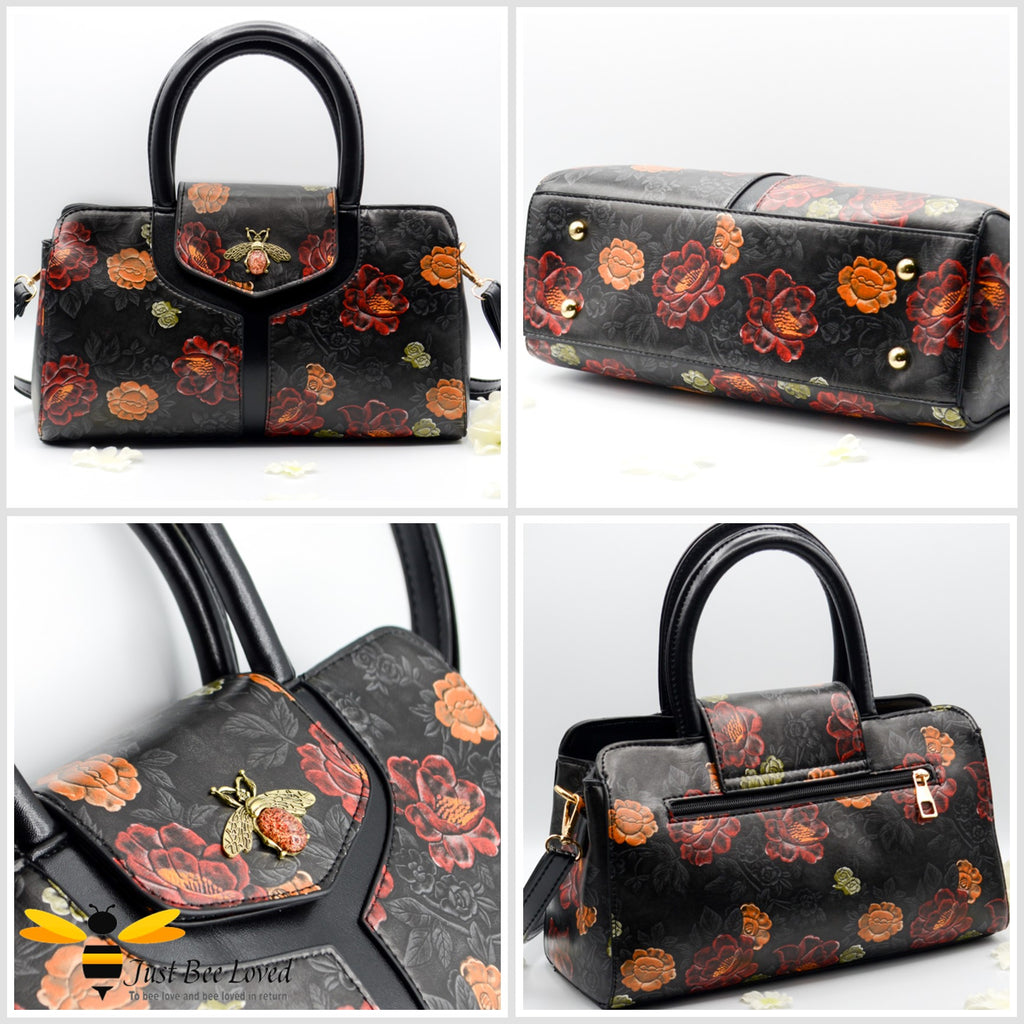 Black floral embossed leather Boston bee bag
