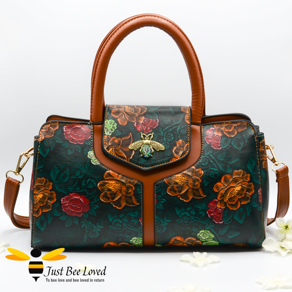 Green floral embossed leather Boston bee bag