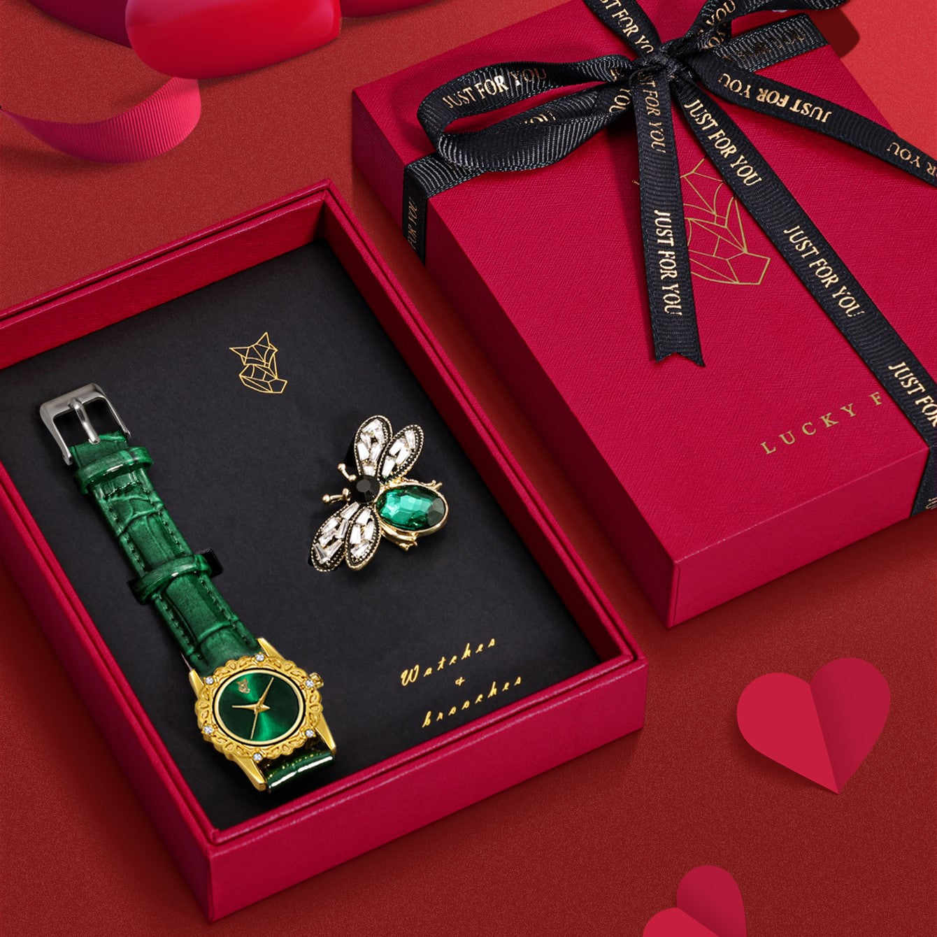 Green faux leather gold watch with a matching bee brooch gift set